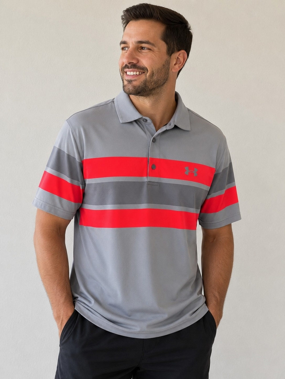 Under Armour Men’s Gray Polo with Red Stripe Detailing